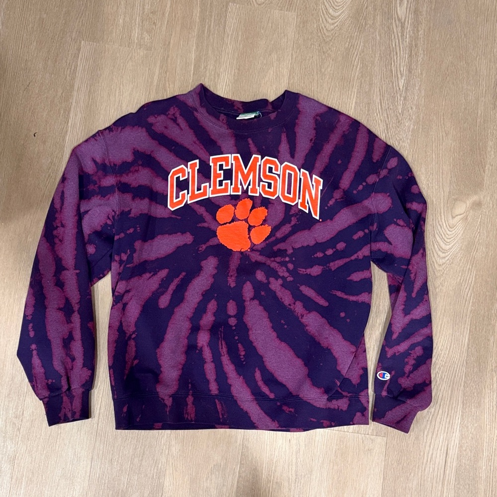 Champion Mens Purple Clemson Tie-Dye Crew Neck